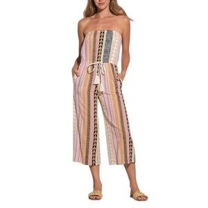 Elan Strapless Jumpsuit Tan Multi Geometric Print Smocked Waist Cotton XL NWT